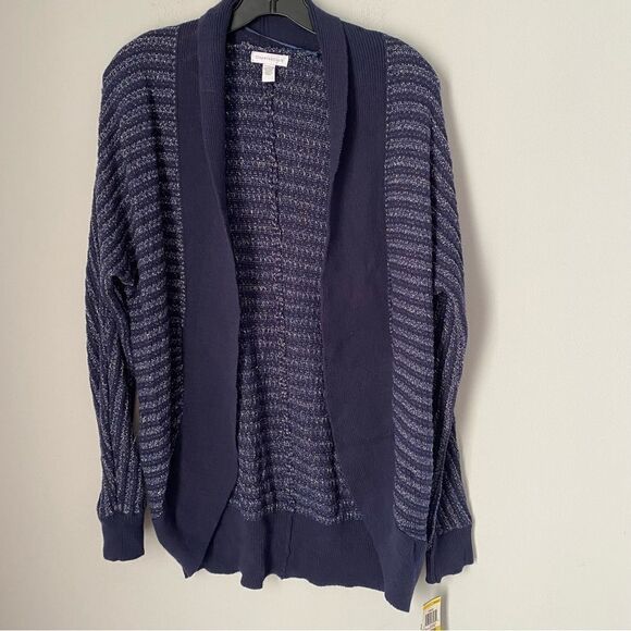 Charter Club Women’s Open Front Striped Sparkly Blue Thick Knot Sweater size M - Picture 1 of 3
